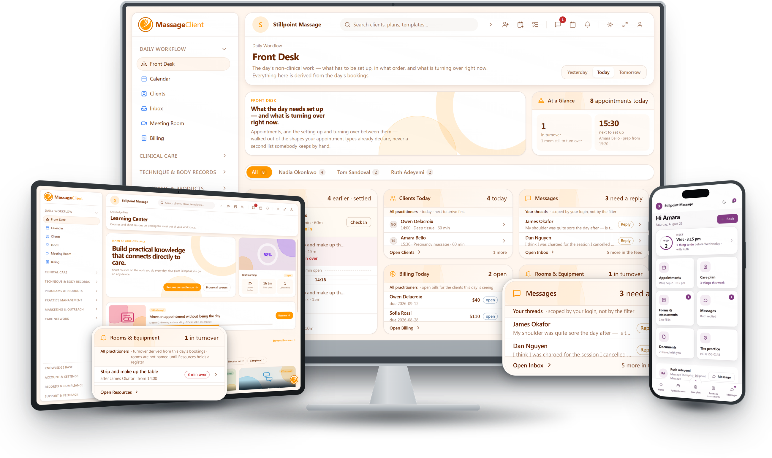 MassageClient shown on desktop and mobile — the front desk view, calendar, client records and client-facing portal.